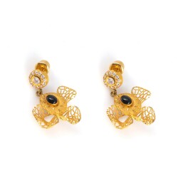 22K Gold Filigree Half Daisy Dangle Earrings with Onyx - Nusrettaki