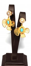 22K Gold Filigree Half Daisy Dangle Earrings with Turquoise - Nusrettaki (1)