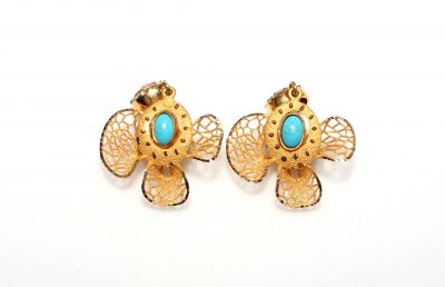 22K Gold Filigree Half Daisy Dangle Earrings with Turquoise - 3