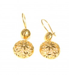 22K Gold Flower Patterns Hoop Back Dangle Earrings - Nusrettaki
