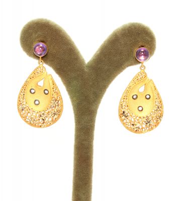 22K Gold Flowers Dangling Fusion Earrings with Amethyst - 3