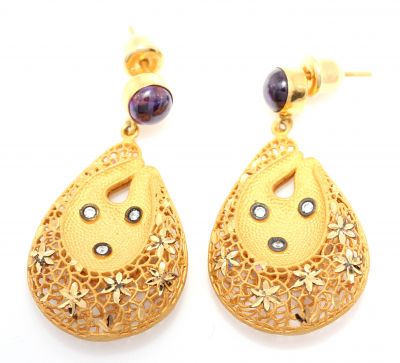 22K Gold Flowers Dangling Fusion Earrings with Amethyst - 2