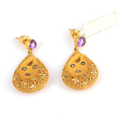 22K Gold Flowers Dangling Fusion Earrings with Amethyst - 5