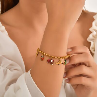 22K Gold Funnel Gypsy Style Bangle Bracelet with Colorful Animal Charms - 1