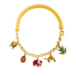 22K Gold Funnel Gypsy Style Bangle Bracelet with Colorful Animal Charms - 2