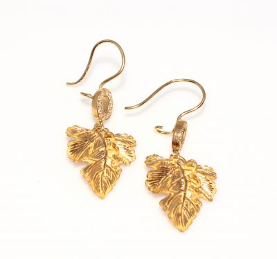 22K Gold Handcrafted Grape Leaf Dangle Earrings - 2