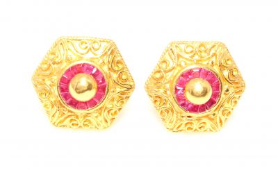 22K Gold Hexagon Model Antique Earrings with Ruby - 1