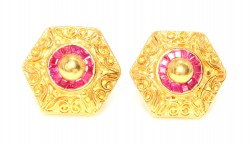 22K Gold Hexagon Model Antique Earrings with Ruby - 3