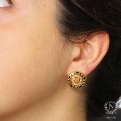 22K Gold Ottoman Signatured Enameled Stud Earrings - Nusrettaki