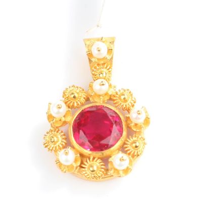 22K Gold Pendant with Pearl & Red Stone - 2