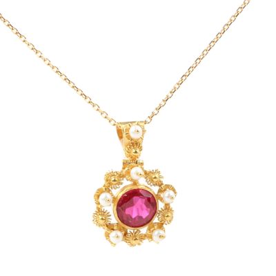 22K Gold Pendant with Pearl & Red Stone - 4