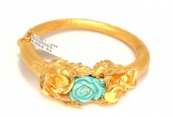 22K Gold Rose Flowers Design Bangle Bracelet with Turquoise - Nusrettaki (1)