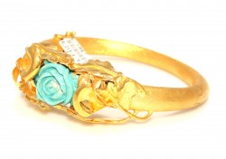 22K Gold Rose Flowers Design Bangle Bracelet with Turquoise - 4
