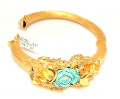 22K Gold Rose Flowers Design Bangle Bracelet with Turquoise - 5