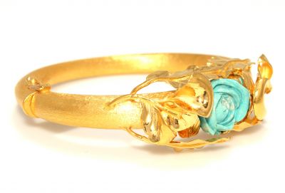 22K Gold Rose Flowers Design Bangle Bracelet with Turquoise - 1