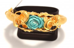 22K Gold Rose Flowers Design Bangle Bracelet with Turquoise - 3