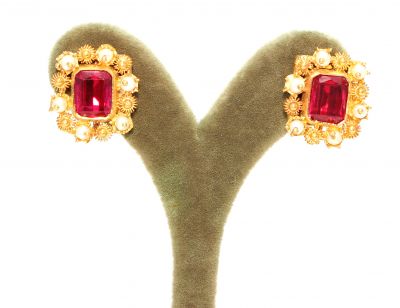 22K Gold Ruby Stoned Square Stud Earrings - 3