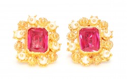 22K Gold Ruby Stoned Square Stud Earrings - 2