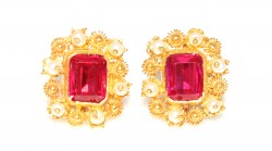 22K Gold Ruby Stoned Square Stud Earrings - Nusrettaki