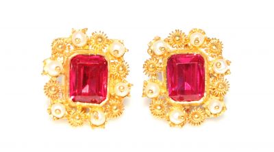22K Gold Ruby Stoned Square Stud Earrings - 1