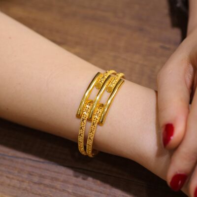 22K Gold Snake Skin Patterned Bar Bangle Bracelet - 3