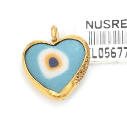 Nusrettaki - 24 Ayar Altın Kalp Göz Boncuğu Kolye Ucu, Mavi
