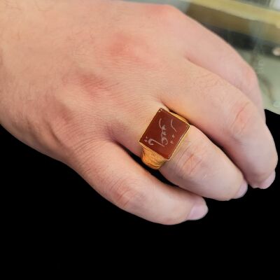 24 Ayar Altın Kare Akik Taşlı Üzeri Yazılı Elişi Yüzük - 6