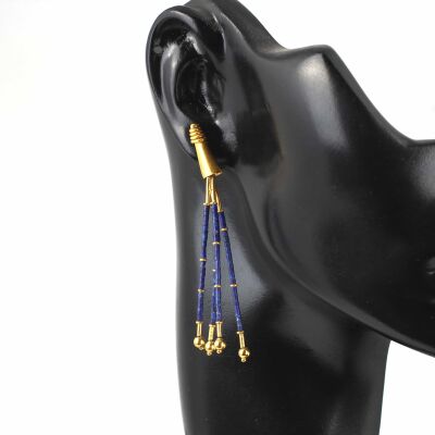 24 Ayar Altın Lapis Taşlı Şarnel Küpe 4 Sıra - 2