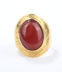 24 Ayar Altın Oval Primitiv Dövmeli Akik Taşlı Yüzük - 3