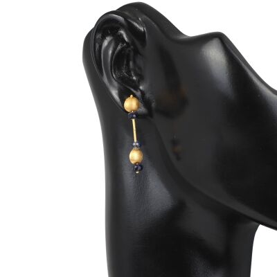 24 Ayar Altın Safir Taşlı Sallantılı El İşi Küpe - 3