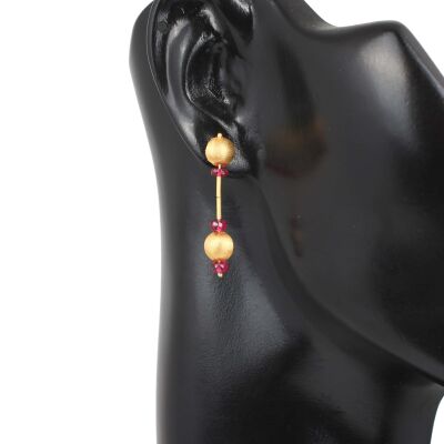 24 Ayar Altın Yakut Taşlı Sallantılı El İşi Küpe - 3