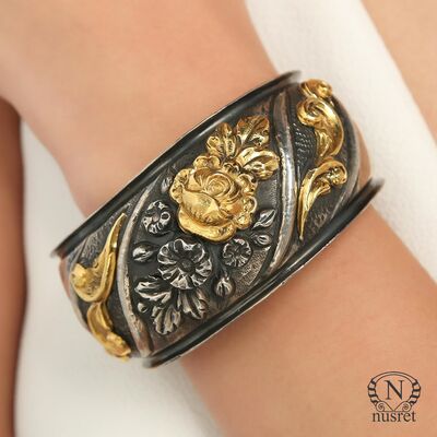 24K Gold and Sterling Silver Flower Inlaid Bracelet - 1