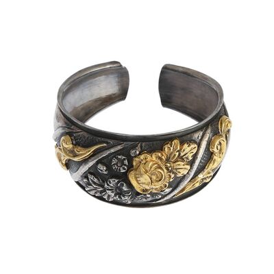 24K Gold and Sterling Silver Flower Inlaid Bracelet - 3
