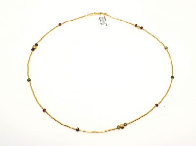 24K Gold Beads Strand Necklace with Rubbies & Emeralds - 1