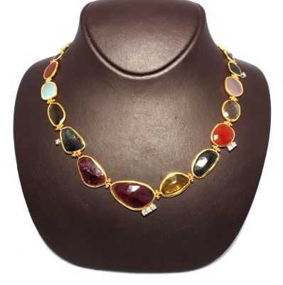 24K Gold Colorful Gemstones Strand Necklace - 4