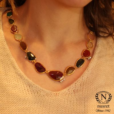 24K Gold Colorful Gemstones Strand Necklace - 1