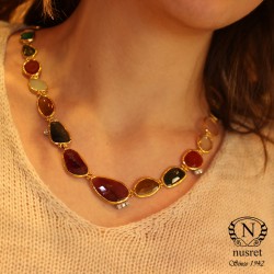 24K Gold Colorful Gemstones Strand Necklace - Nusrettaki (1)