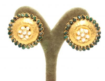 24K Gold Emerald Stoned Dangle Earrings - 3