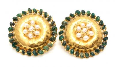 24K Gold Emerald Stoned Dangle Earrings - 1