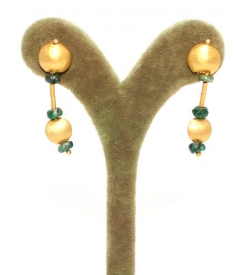 24K Gold Emerald Stoned Dangle Earrings - 2