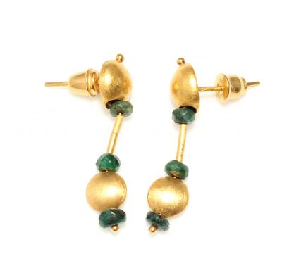 24K Gold Emerald Stoned Dangle Earrings - 1