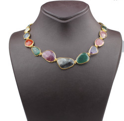 24K Gold Frame Handcrafted Colorful Gemstoned Necklace - Nusrettaki (1)