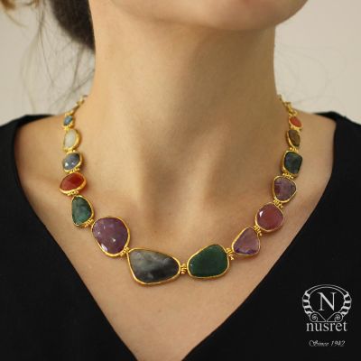 24K Gold Frame Handcrafted Colorful Gemstoned Necklace - 1