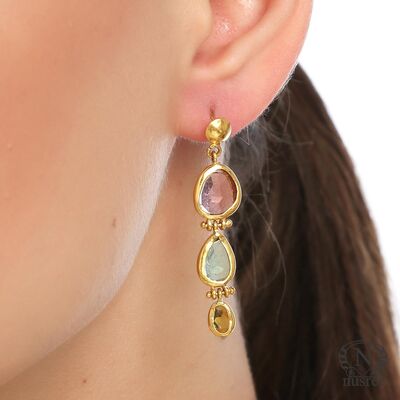 24K Gold Handcrafted, Gemstoned Dangling Earrings - 1