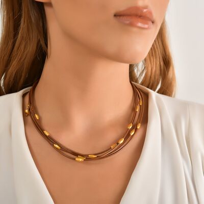 24K Gold Strand Necklace with Leather - 1