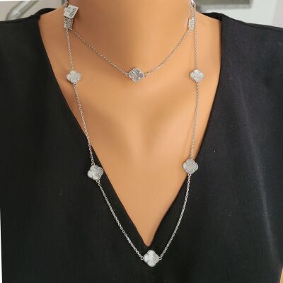 925 Ayar Gümüş 11'Li Yonca Model Sedef Taşlı Kolye - 1