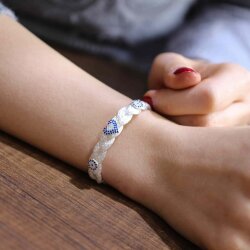 925 Ayar Gümüş 2li Balık Sırtı Elişi Saç Örgüsü Nazar ve Kalp Bileklik - 3