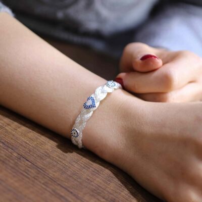 925 Ayar Gümüş 2li Balık Sırtı Elişi Saç Örgüsü Nazar ve Kalp Bileklik - 3