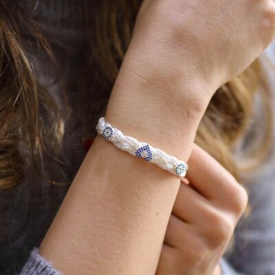 925 Ayar Gümüş 2li Balık Sırtı Elişi Saç Örgüsü Nazar ve Kalp Bileklik - 1