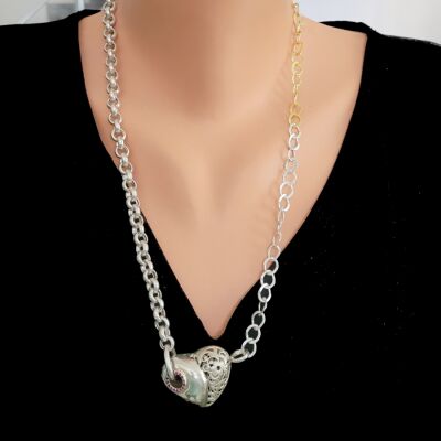 925 Ayar Gümüş 3D Ajur Desenli Kalp Kolye - 5